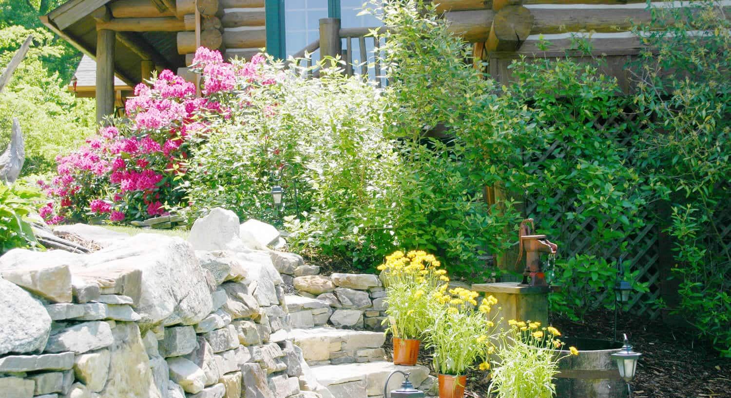 Flower garden and stone steps at Wildberry Lodge
