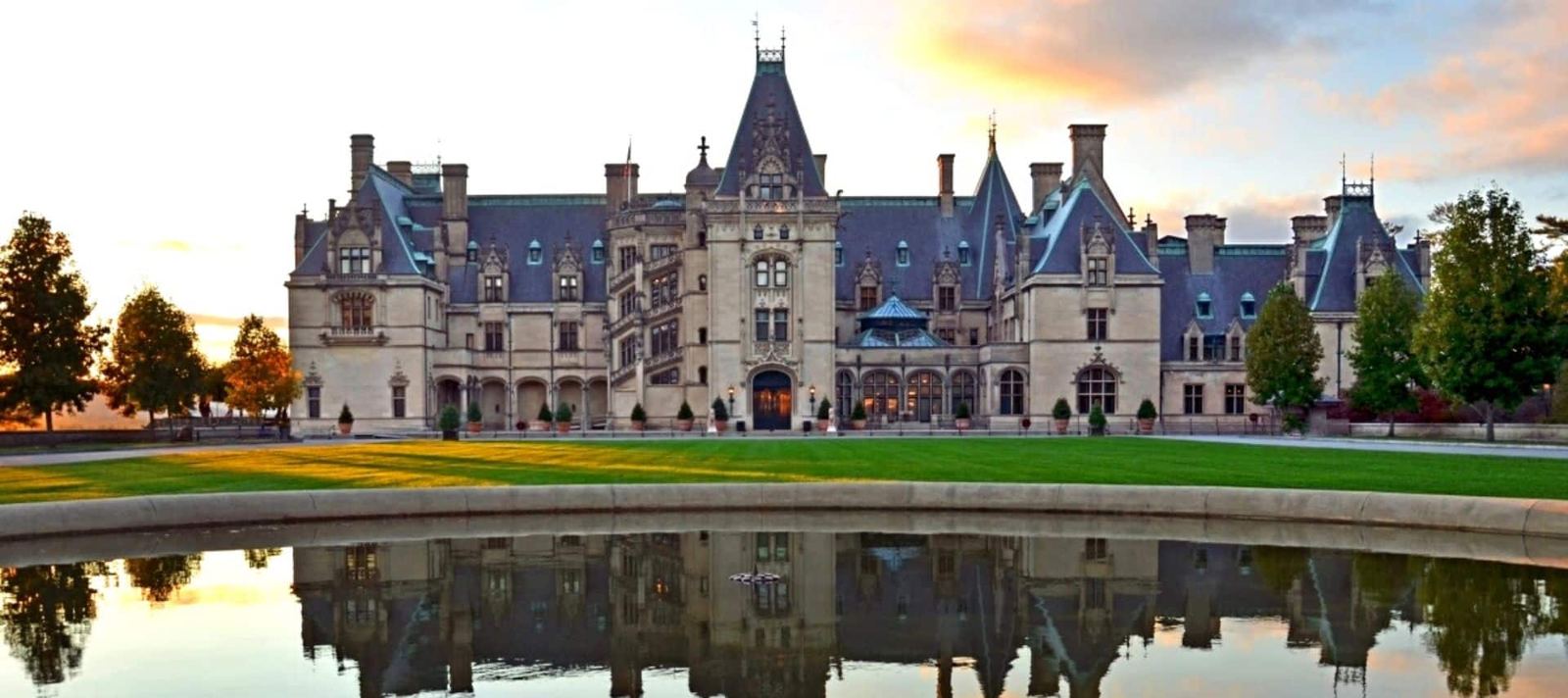 The Biltmore Estate house and reflecting pool near Asheville